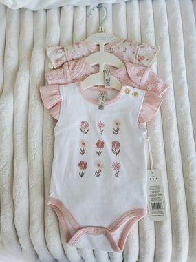 Chick Pea NWT 3 baby Onesies with Pink Floral Embroidery and Pink Ruffle Sleeves